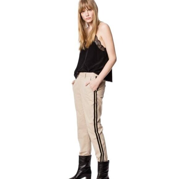 Zadig & Voltaire Pomelo Side Stripe Dune/Black Long Chino Elastic Waist Pants 34 - Picture 1 of 15